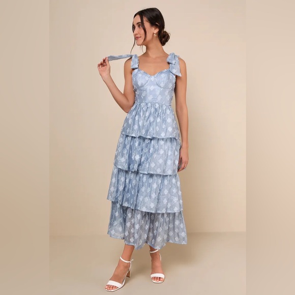 Lulu's Sky Blue Floral Tiered Midi Dress - Picture 1 of 4